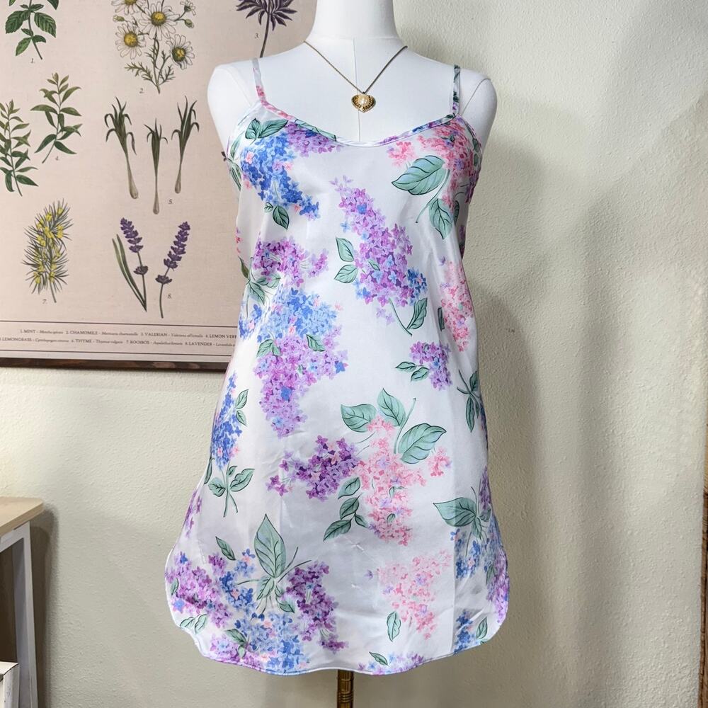 Vintage 90s Y2k Floral Lilac Hyacinth Satin Slip Dress Romantic Sexy Cottage M